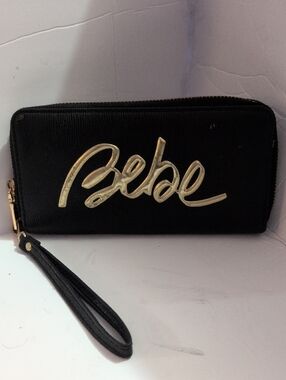 bebe Black Wristlet with Gold Logo Script